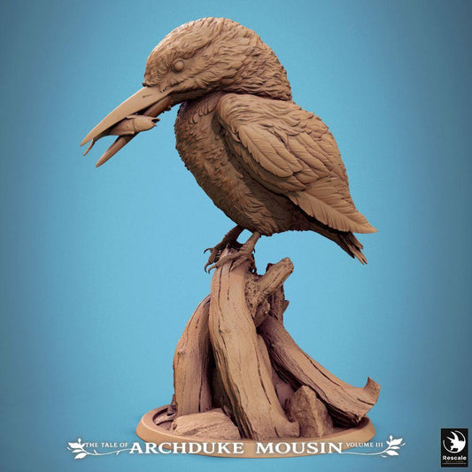 Product photo Tabletop 28mm Lord of the Print (LotP) 0: Tabletop miniature: Kingfisher, hunting bird on branch with prey in beak, animal companion and familiar, totem bird, beast miniature for wargaming, role-playing, and dioramas (25_07_F3)