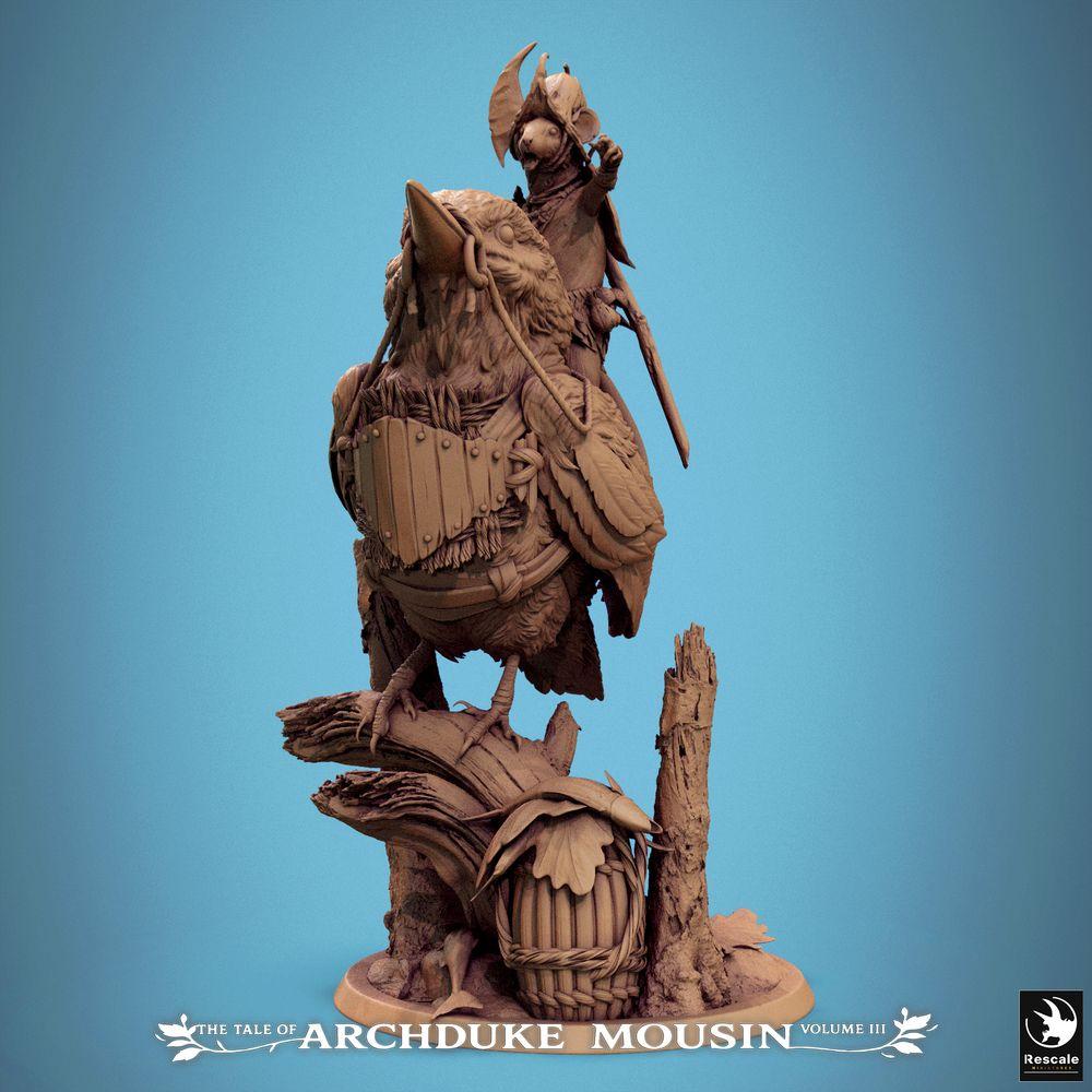 Product photo Tabletop 28mm Lord of the Print (LotP) 0: Tabletop miniature: Mouse knight as bird rider, rodent cavalryman with axe and shield, commander on log base (25_07_F5)