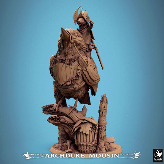 Product photo Tabletop 28mm Lord of the Print (LotP) 0: Tabletop miniature: Mouse knight as bird rider, rodent cavalryman with axe and shield, commander on log base (25_07_F5)