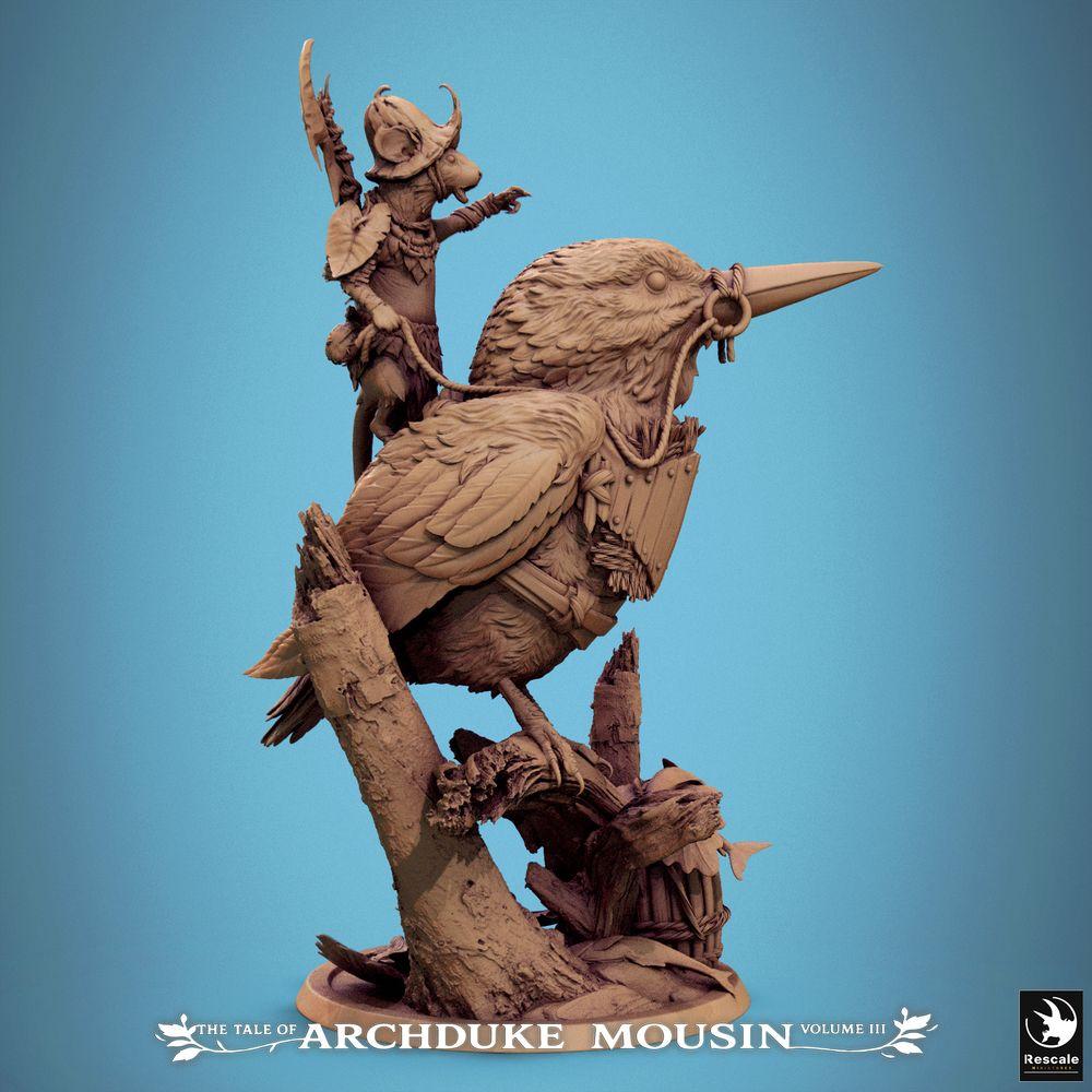 Product photo Tabletop 28mm Lord of the Print (LotP) 1: Tabletop miniature: Mouse knight as bird rider, rodent cavalryman with axe and shield, commander on log base (25_07_F5)