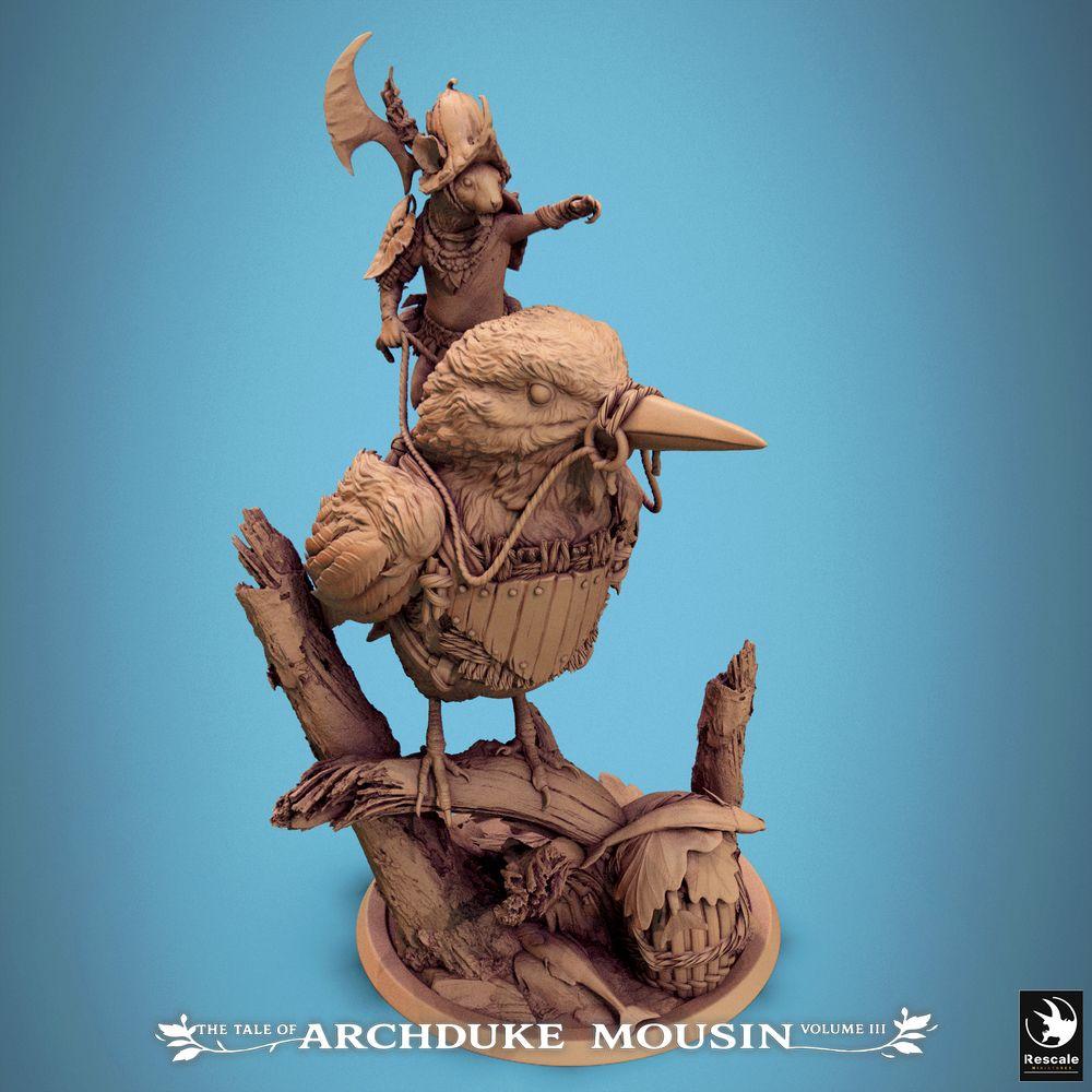 Product photo Tabletop 28mm Lord of the Print (LotP) 2: Tabletop miniature: Mouse knight as bird rider, rodent cavalryman with axe and shield, commander on log base (25_07_F5)