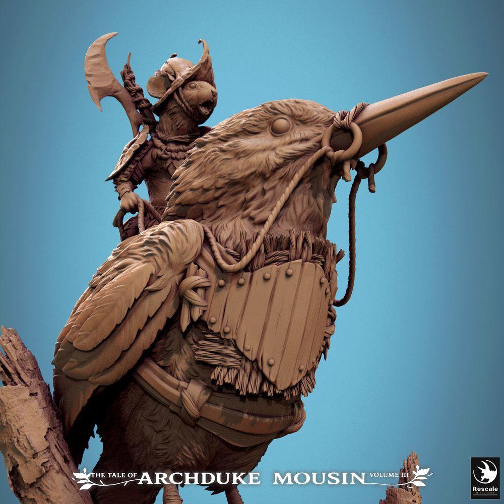 Product photo Tabletop 28mm Lord of the Print (LotP) 3: Tabletop miniature: Mouse knight as bird rider, rodent cavalryman with axe and shield, commander on log base (25_07_F5)