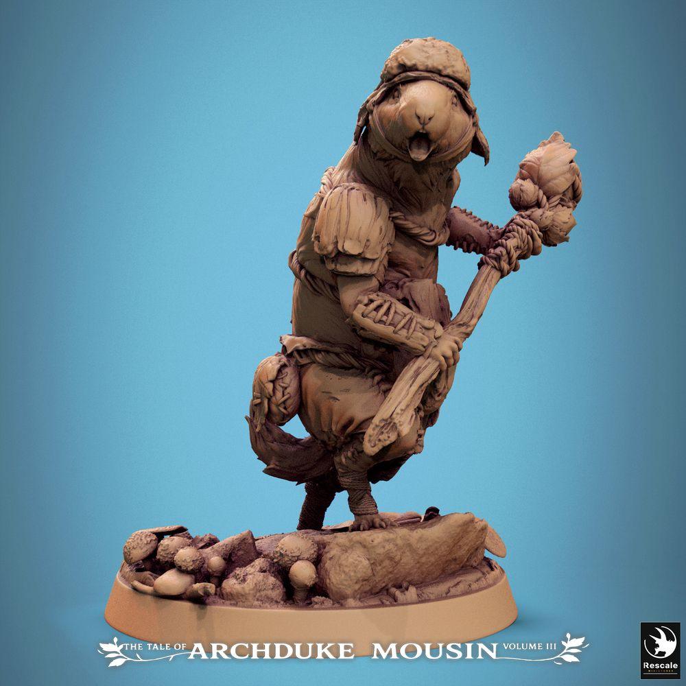 Product photo Tabletop 28mm Lord of the Print (LotP) 0: Tabletop miniature: Rodent Barbarian with club, Rat Warrior in battle cry (Lemming Cry) (25_07_L3)