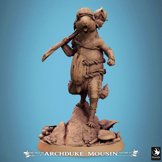 Product photo Tabletop 28mm Lord of the Print (LotP) 0: Tabletop miniature: Ratman Warrior / Ratman Ranger, Barbarian with Club, calling Leader on Rock Base (25_07_L7)