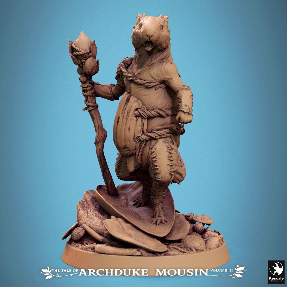 Product photo Tabletop 28mm Lord of the Print (LotP) 0: Tabletop miniature: Lemming druid and forest shaman, rodent folk leader with staff on scenic forest base (25_07_L9)