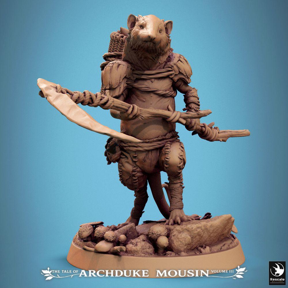 Product photo Tabletop 28mm Lord of the Print (LotP) 0: Tabletop miniature: Mouse warrior with glaive, rodent ranger scout, ratfolk tribal warrior with polearm (25_07_K3)