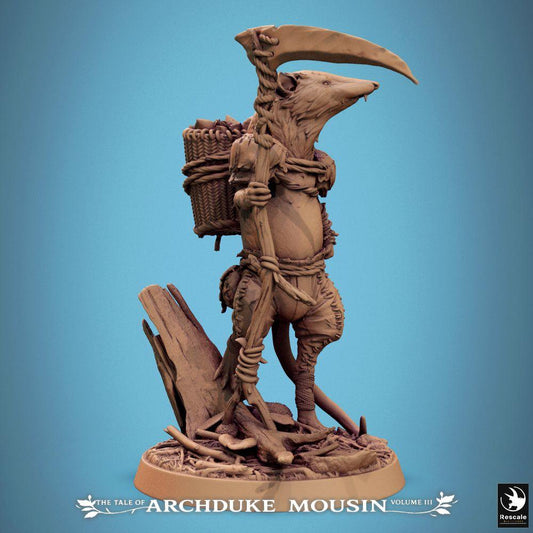 Product photo Tabletop 28mm Lord of the Print (LotP) 0: Tabletop miniature: Mouse ranger and scout - animal-human in shrew look (Etruscan Shrew) with scythe, walking staff, and carrying basket (25_07_K7)