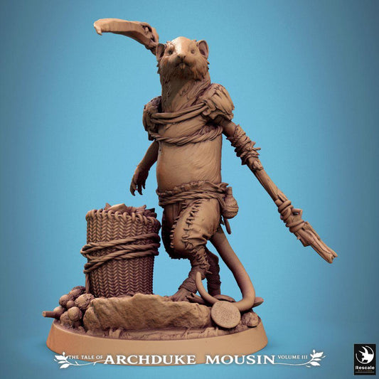 Product photo Tabletop 28mm Lord of the Print (LotP) 0: Fantasy miniature: Mousefolk ranger and scout, spear carrier on scenic base with supply basket (25_07_K9)