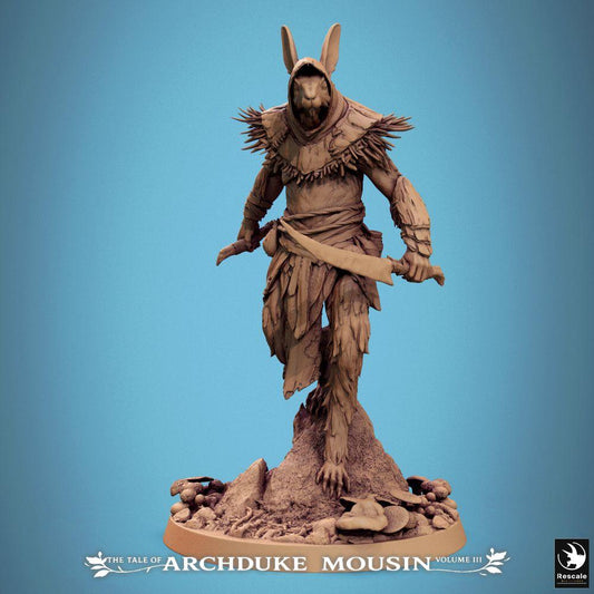 Product photo Tabletop 28mm Lord of the Print (LotP) 0: Tabletop miniature: Harefolk Assassin / Ranger-Scout, rogue with curved sword and hood, rock base (25_07_N1)