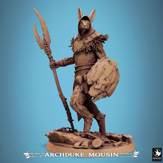 Product photo Tabletop 28mm Lord of the Print (LotP) 0: Tabletop miniature: Rabbit warrior, beastman spear carrier with trident and round shield, forest guardian, tribal warrior (25_07_N11)