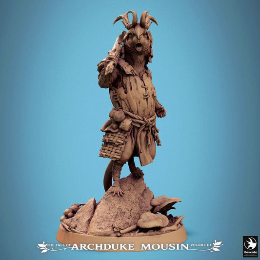 Product photo Tabletop 28mm Lord of the Print (LotP) 0: Tabletop miniature: Ratman Leader with Club, Rodent Shaman, Forest Druid, Mouse Warrior, Ratfolk Chieftain on Rock Base with Mushrooms (25_07_G3)