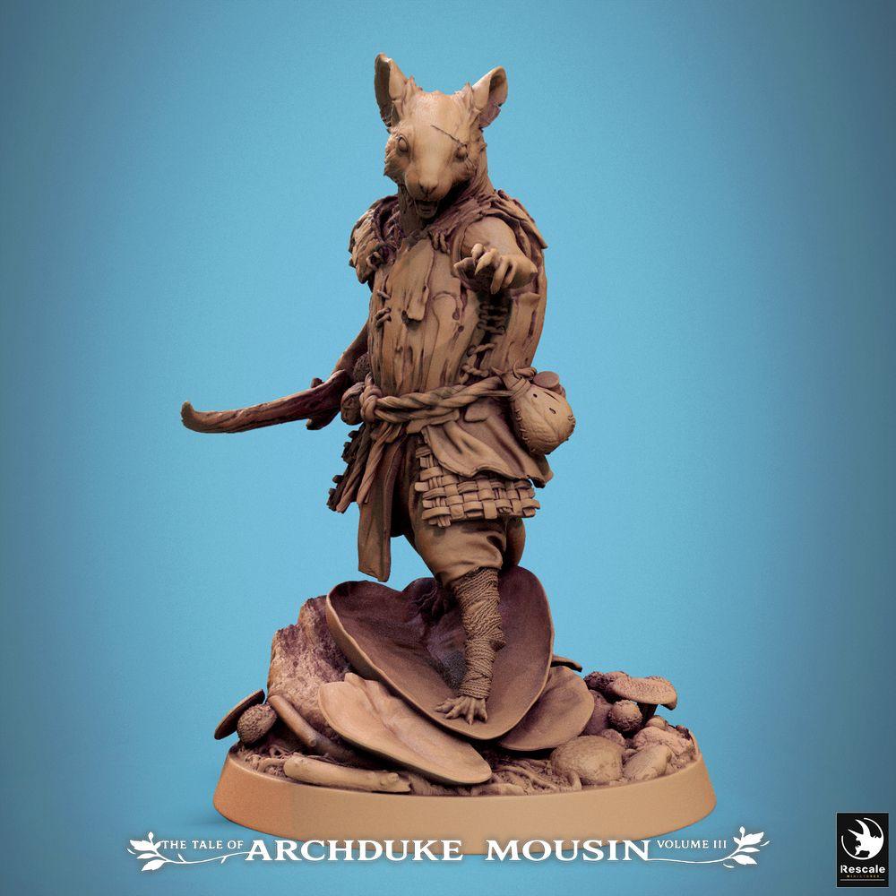 Product photo Tabletop 28mm Lord of the Print (LotP) 0: Tabletop miniature: Mouse Warrior Beastman, Ranger/Thief with curved saber, commanding pose on forest base (25_07_G7)