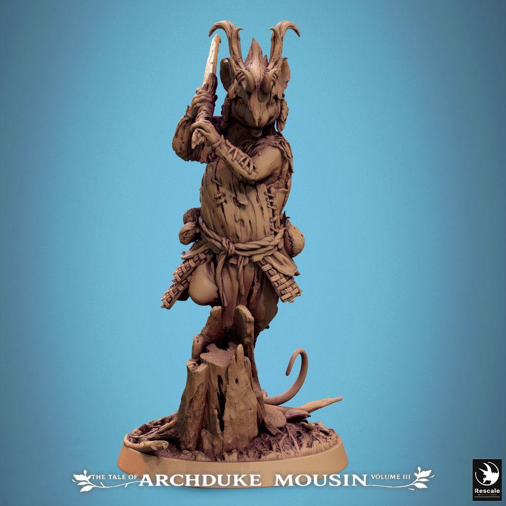 Product photo Tabletop 28mm Lord of the Print (LotP) 0: Tabletop miniature: Mouse warrior with club, beastman tribe fighter with horned mask, forest shaman or druid warrior, chief of the rodent folk for wargaming, skirmish, dungeon crawler, role-playing, diorama, basing (25_07_G9)