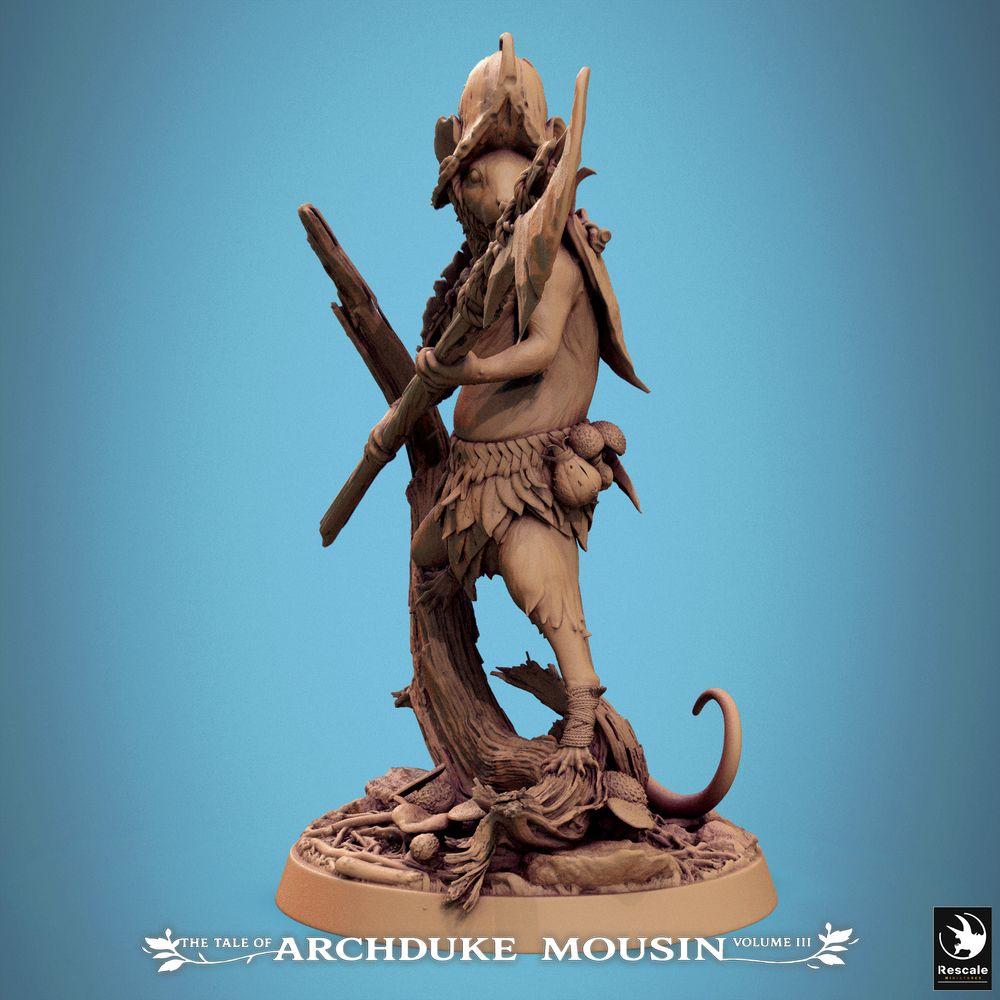 Product photo Tabletop 28mm Lord of the Print (LotP) 0: Tabletop miniature: Mousefolk ranger and scout with spear, tribal warrior, rodent person (25_07_H3)
