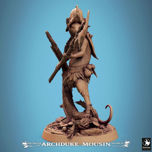 Product photo Tabletop 28mm Lord of the Print (LotP) 0: Tabletop miniature: Mousefolk ranger and scout with spear, tribal warrior, rodent person (25_07_H3)