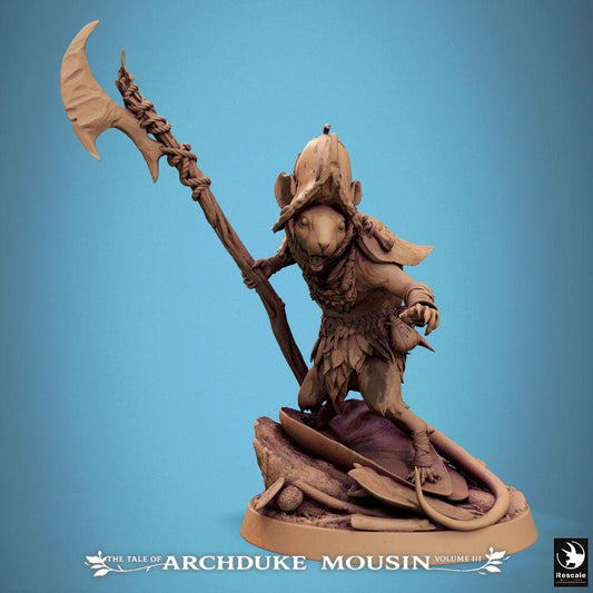 Product photo Tabletop 28mm Lord of the Print (LotP) 0: Tabletop miniature: Ratfolk Mouse Warrior with Halberd - Skirmisher, Forest Hunter, Tribal Warrior (25_07_H7)