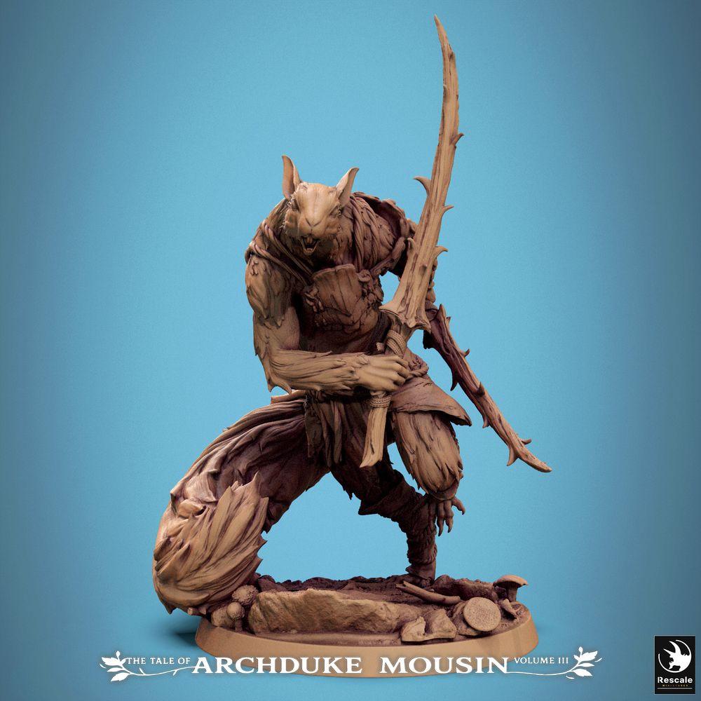 Product photo Tabletop 28mm Lord of the Print (LotP) 0: Fantasy Tabletop miniature: Ratman Warrior / Rodent Assassin with curved blade in dynamic jumping pose (25_07_M7)