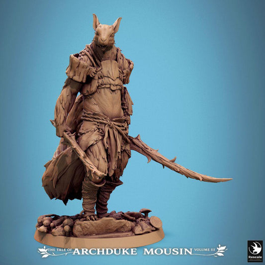 Product photo Tabletop 28mm Lord of the Print (LotP) 0: Tabletop miniature: Ratman leader with two curved blades - beastman warlord, duelist, swordsman, dual wield, skirmish/RPG, boss monster, diorama base forest/cave (25_07_M9)