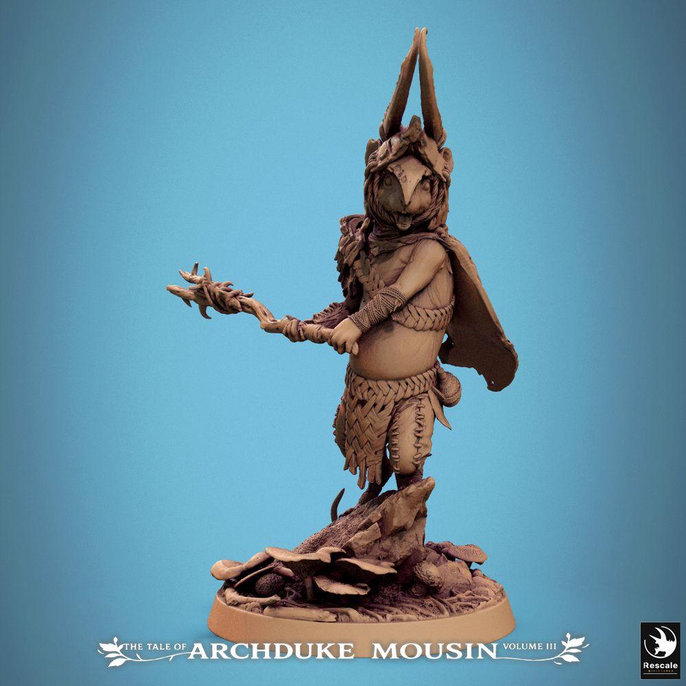 Product photo Tabletop 28mm Lord of the Print (LotP) 0: Tabletop miniature: Rat Mage / Mouse Mage - Animalfolk Shaman, Druid, and Leader with staff and horned headdress, Boss for Wargaming, Dungeon, Skirmish (25_07_I1)