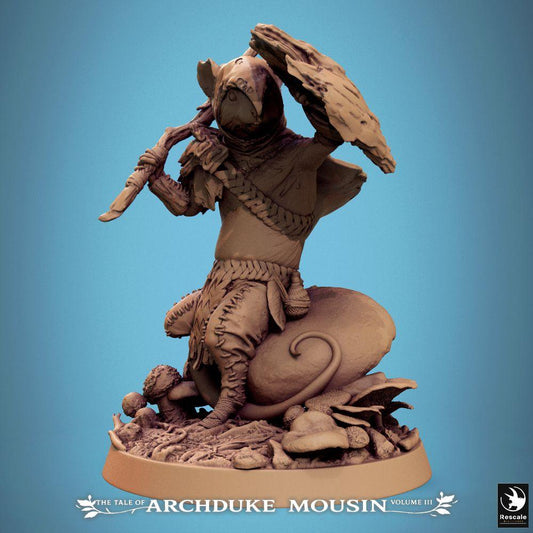 Product photo Tabletop 28mm Lord of the Print (LotP) 0: Tabletop miniature: Mouse Warrior, Ratfolk Ranger/Thief, Scout/Skirmisher with curved dagger and leaf shield (25_07_I3)