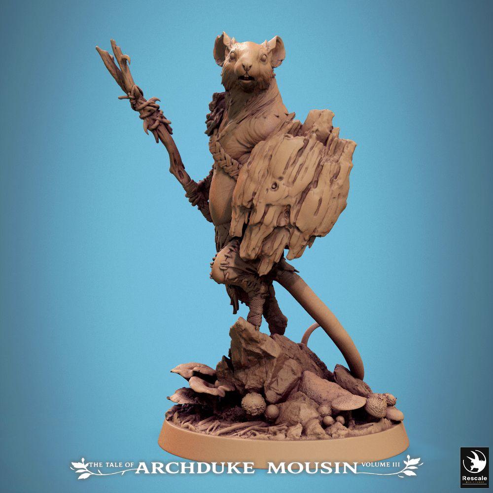 Product photo Tabletop 28mm Lord of the Print (LotP) 0: Fantasy figure: Mouse warrior with staff and natural shield, rodent druid, shaman, shield bearer, guardian of the wild (25_07_I5)