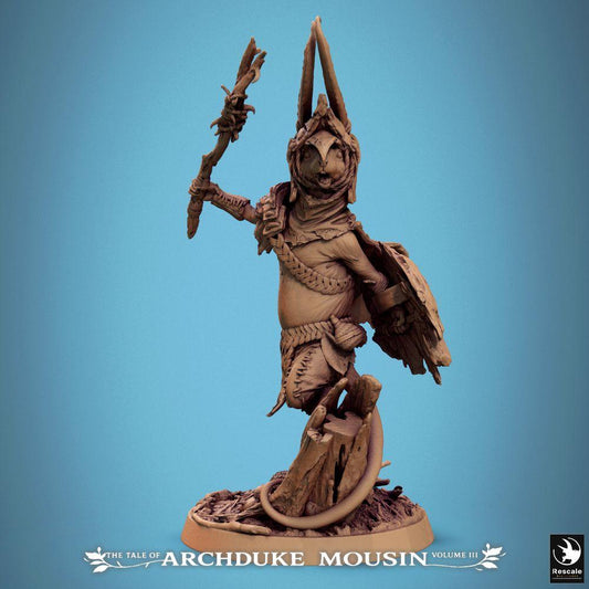 Product photo Tabletop 28mm Lord of the Print (LotP) 0: Fantasy Tabletop Miniature: Mouse Warrior with Round Shield and Club, Beastman Knight, Shield Fighter, Tribe Guardian, Shaman Warrior (25_07_I9)