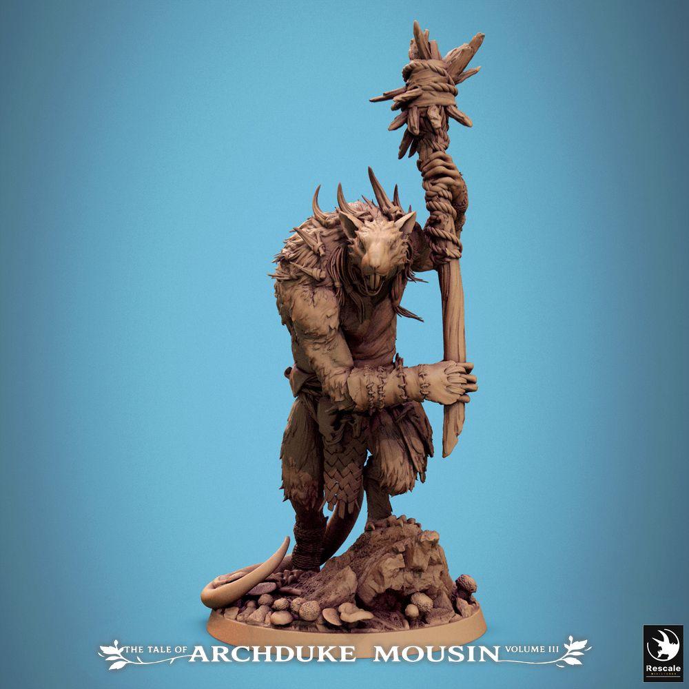 Product photo Tabletop 28mm Lord of the Print (LotP) 0: Tabletop miniature: Ratman shaman with totem staff - Beast priest, tribal sorcerer, totem bearer | Rat Attack (25_07_O1)