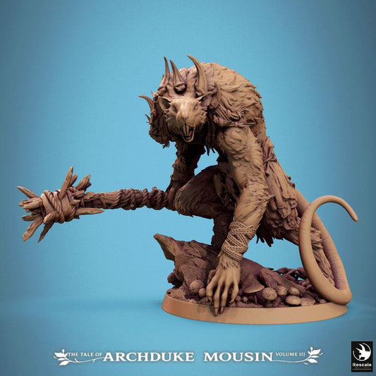 Product photo Tabletop 28mm Lord of the Print (LotP) 0: Fantasy miniature: Rat Ogre / Were-Rat, beast warrior with spiked club, underground boss monster and dungeon crawler opponent (25_07_O3)