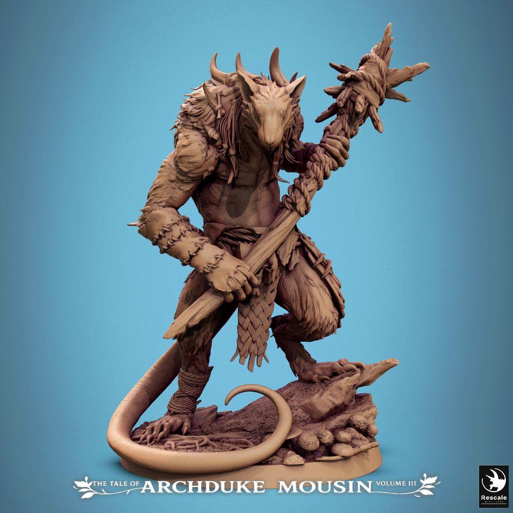 Product photo Tabletop 28mm Lord of the Print (LotP) 0: Tabletop miniature: Ratman Shaman with Thorn Staff, Beast Priest/Warrior, Dungeon Boss (25_07_O5)