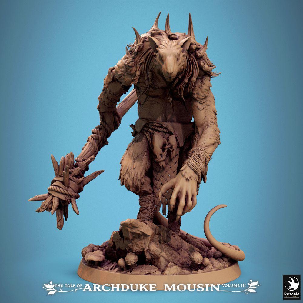 Product photo Tabletop 28mm Lord of the Print (LotP) 0: Tabletop miniature: Ratman Warlord with Spiked Club, Beast Warrior Barbarian, Tribe Champion, Monster Boss for Skirmish and Dungeon (25_07_O9)