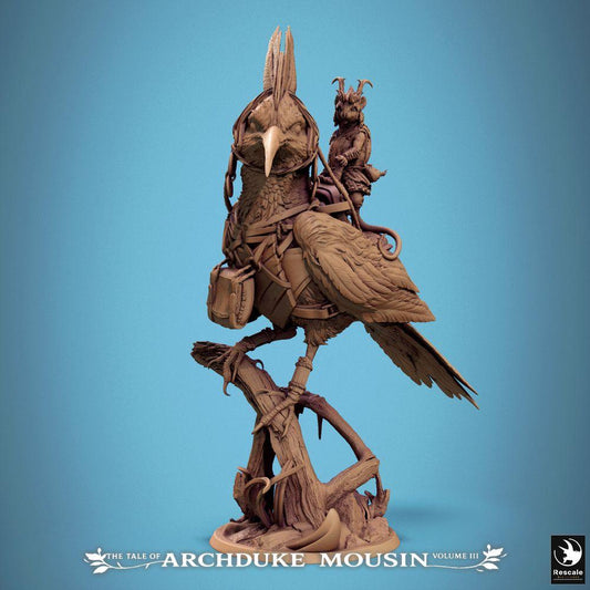 Product photo Tabletop 28mm Lord of the Print (LotP) 0: Tabletop miniature: Bird rider on giant bird (Hoopoe), rodent folk ranger and scout, beast rider (25_07_E5)