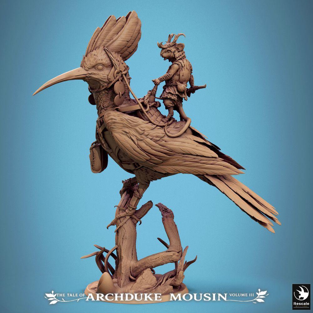 Product photo Tabletop 28mm Lord of the Print (LotP) 1: Tabletop miniature: Bird rider on giant bird (Hoopoe), rodent folk ranger and scout, beast rider (25_07_E5)