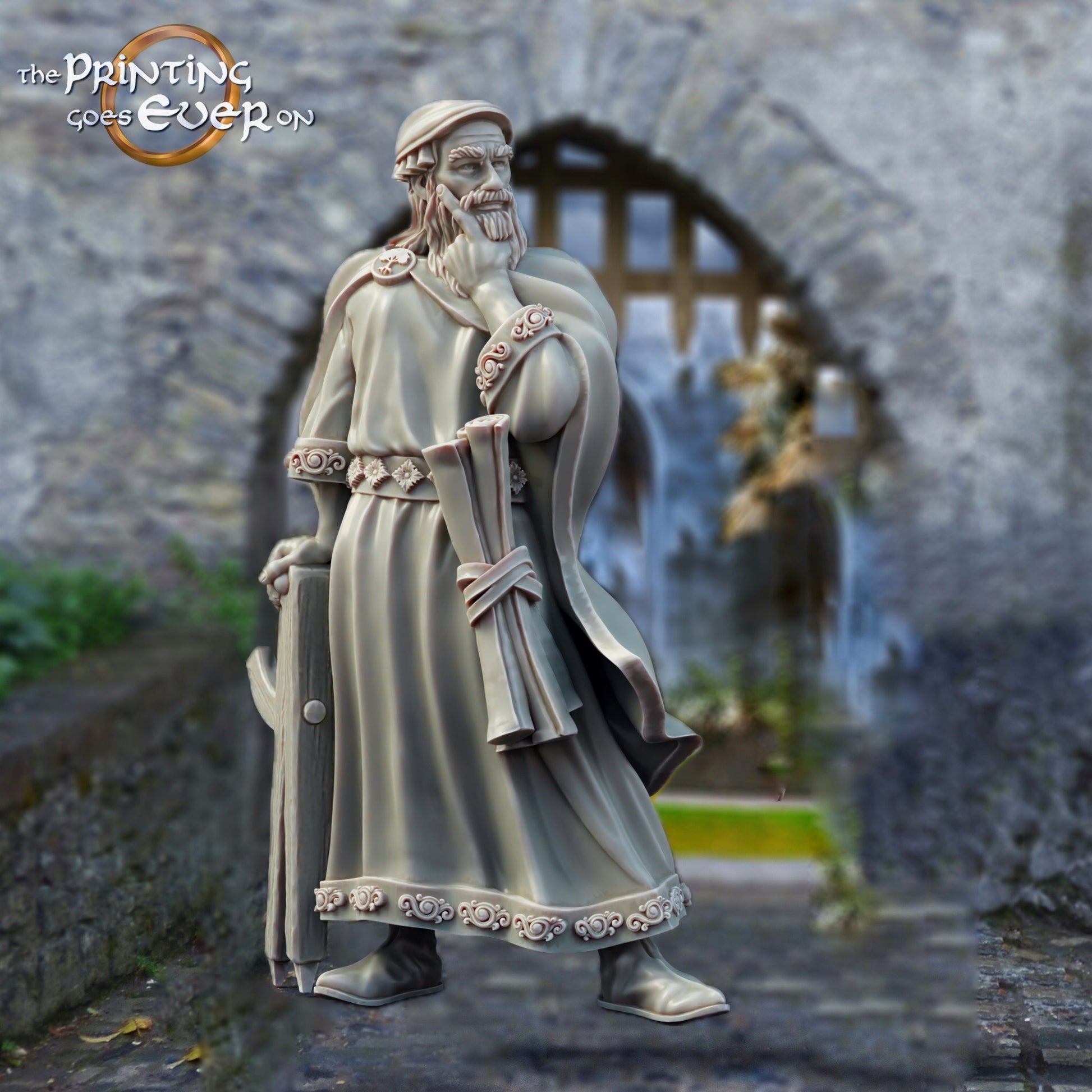 Product photo medieval historical figure 75mm Scale The Printing Goes Ever On (TPGEO) 0: Medieval knight figures architect - 75mm models - Medieval town