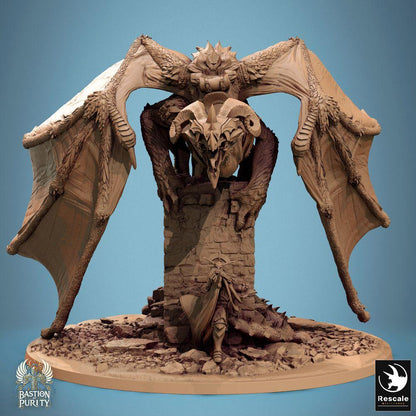 Product photo Tabletop 28mm Lord of the Print (LotP) 0: Tabletop miniature: Shadowwyrm Dragon/Wyvern over Tower Ruin - Boss Monster with Knight/Paladin as Dragon Hunter, Longsword, Diorama (24_09_F2)