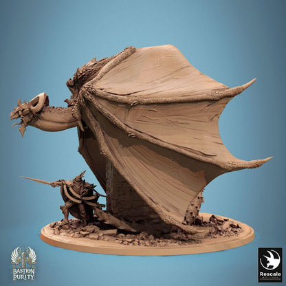 Product photo Tabletop 28mm Lord of the Print (LotP) 0: Tabletop miniature: Shadowwyrm Dragon/Wyvern over Tower Ruin - Boss Monster with Knight/Paladin as Dragon Hunter, Longsword, Diorama (24_09_F2)