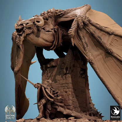 Product photo Tabletop 28mm Lord of the Print (LotP) 0: Tabletop miniature: Shadowwyrm Dragon/Wyvern over Tower Ruin - Boss Monster with Knight/Paladin as Dragon Hunter, Longsword, Diorama (24_09_F2)