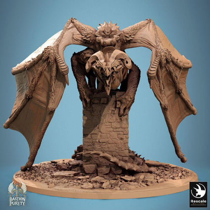 Product photo Tabletop 28mm Lord of the Print (LotP) 0: Tabletop miniature: Shadowwyrm Dragon/Wyvern over Tower Ruin - Boss monster with Knight/Paladin as Dragon Hunter, longsword, diorama (24_09_F2)