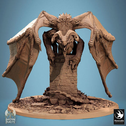 Product photo Tabletop 28mm Lord of the Print (LotP) 0: Tabletop miniature: Shadowwyrm Dragon/Wyvern over Tower Ruin - Boss monster with Knight/Paladin as Dragon Hunter, Longsword, Diorama (24_09_F2)