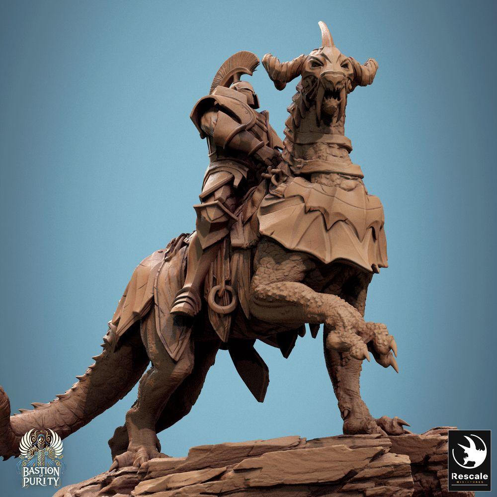 Product photo Tabletop 28mm Lord of the Print (LotP) 0: Fantasy figure: Dragoryx Chief - armored dragon rider / saurian rider in full plate armor, cavalry champion with war hammer (24_09_I2)