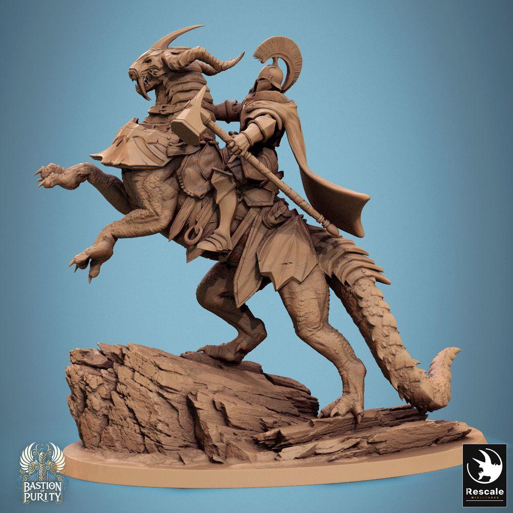 Product photo Tabletop 28mm Lord of the Print (LotP) 0: Tabletop miniature: Dragon Rider / Saurian Rider - armored knight-paladin with war hammer on monster mount, cavalry hero, boss model (24_09_I5)