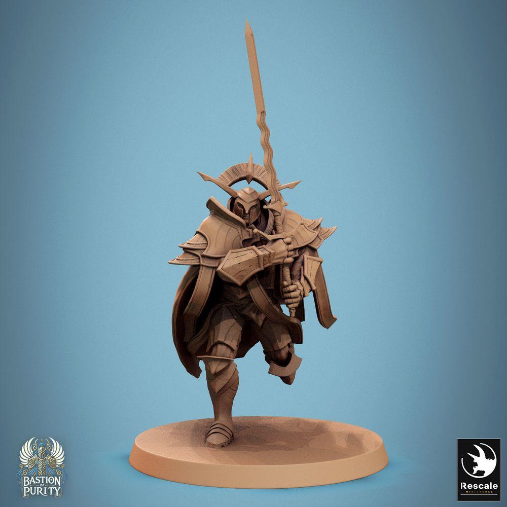 Product photo Tabletop 28mm Lord of the Print (LotP) 0: Tabletop miniature: Paladin Temple Knight with two-handed flaming sword - charging sword champion in heavy plate armor, fantasy knight miniature and wargaming hero figure (24_09_C7)