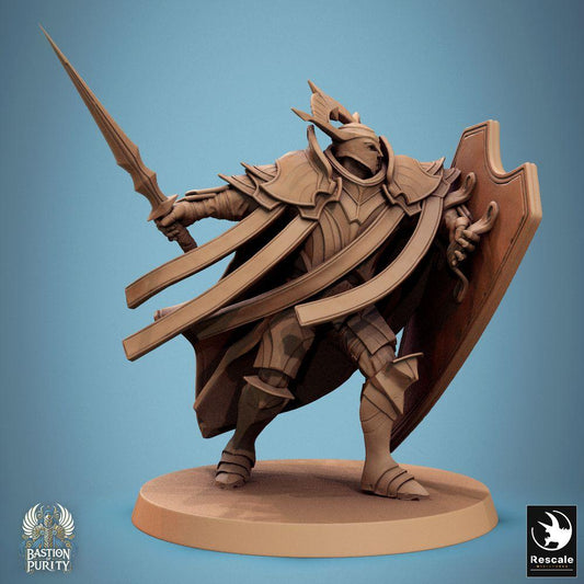 Produktfoto Tabletop 28mm Lord of the Print (LotP) 0: Fantasy Figur: Paladin/Tempelritter mit Flammenschwert und Turmschild - Bastion General, Schwert-und-Schild-Krieger, Anführer & Tank (24_09_C9)