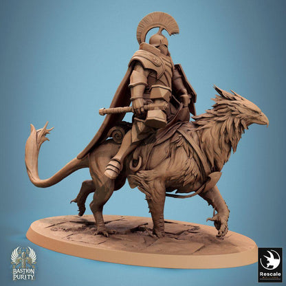 Product photo Tabletop 28mm Lord of the Print (LotP) 0: Tabletop miniature: Griffin Knight Paladin on Gryphon, armored beast rider with warhammer, cavalry rider figure (24_09_G10)