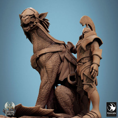 Product photo Tabletop 28mm Lord of the Print (LotP) 0: Tabletop miniature: Elite Knight Paladin, Beastmaster - Dragon Rider (dismounted) with War Beast Drakenkatze/Lizard Beast - H6 Panthera Sit (24_09_H6)