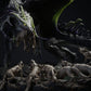 Product photo Tabletop 28mm Lord of the Print (LotP) 1: Tabletop Fantasy miniature set: Black Dragon Hunt - Black Dragon with hunting dogs on scenic rock base (26_03_A1)