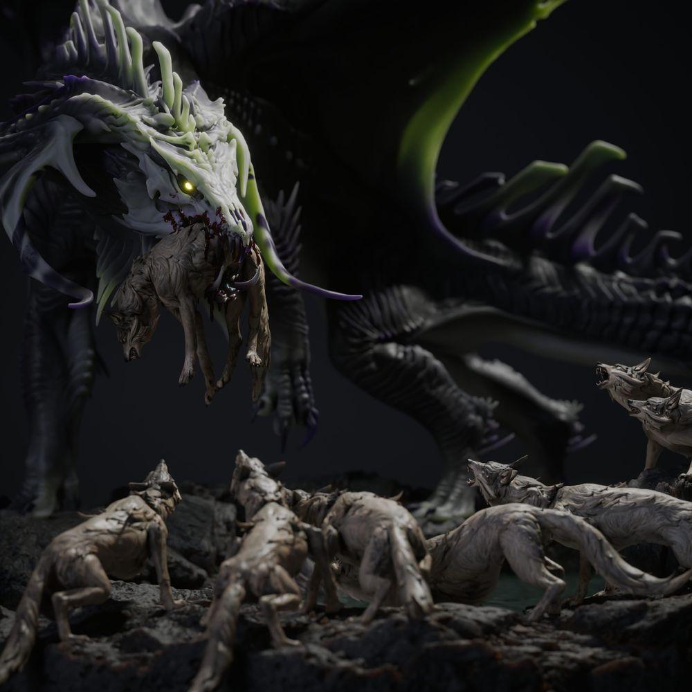 Product photo Tabletop 28mm Lord of the Print (LotP) 1: Tabletop Fantasy miniature set: Black Dragon Hunt - Black Dragon with hunting dogs on scenic rock base (26_03_A1)