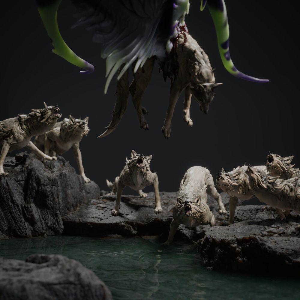Product photo Tabletop 28mm Lord of the Print (LotP) 2: Tabletop Fantasy miniature set: Black Dragon Hunt - Black Dragon with hunting dogs on scenic rock base (26_03_A1)
