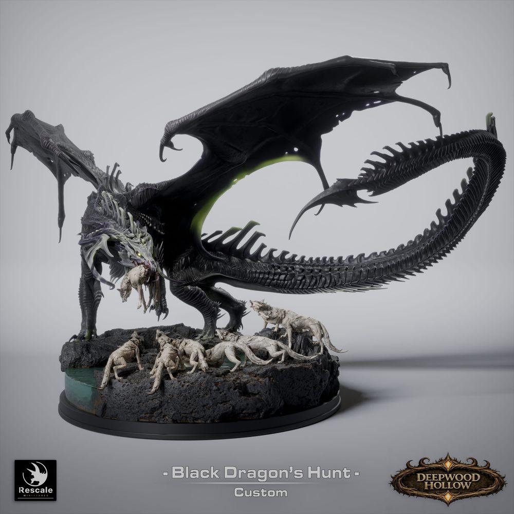 Product photo Tabletop 28mm Lord of the Print (LotP) 5: Tabletop Fantasy miniature set: Black Dragon Hunt - Black Dragon with hunting dogs on scenic rock base (26_03_A1)
