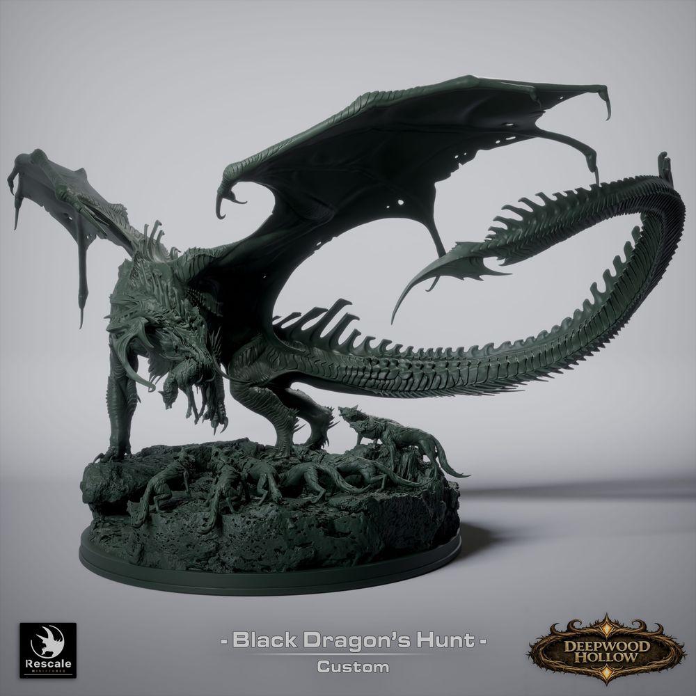 Product photo Tabletop 28mm Lord of the Print (LotP) 6: Tabletop Fantasy miniature set: Black Dragon Hunt - Black Dragon with hunting dogs on scenic rock base (26_03_A1)