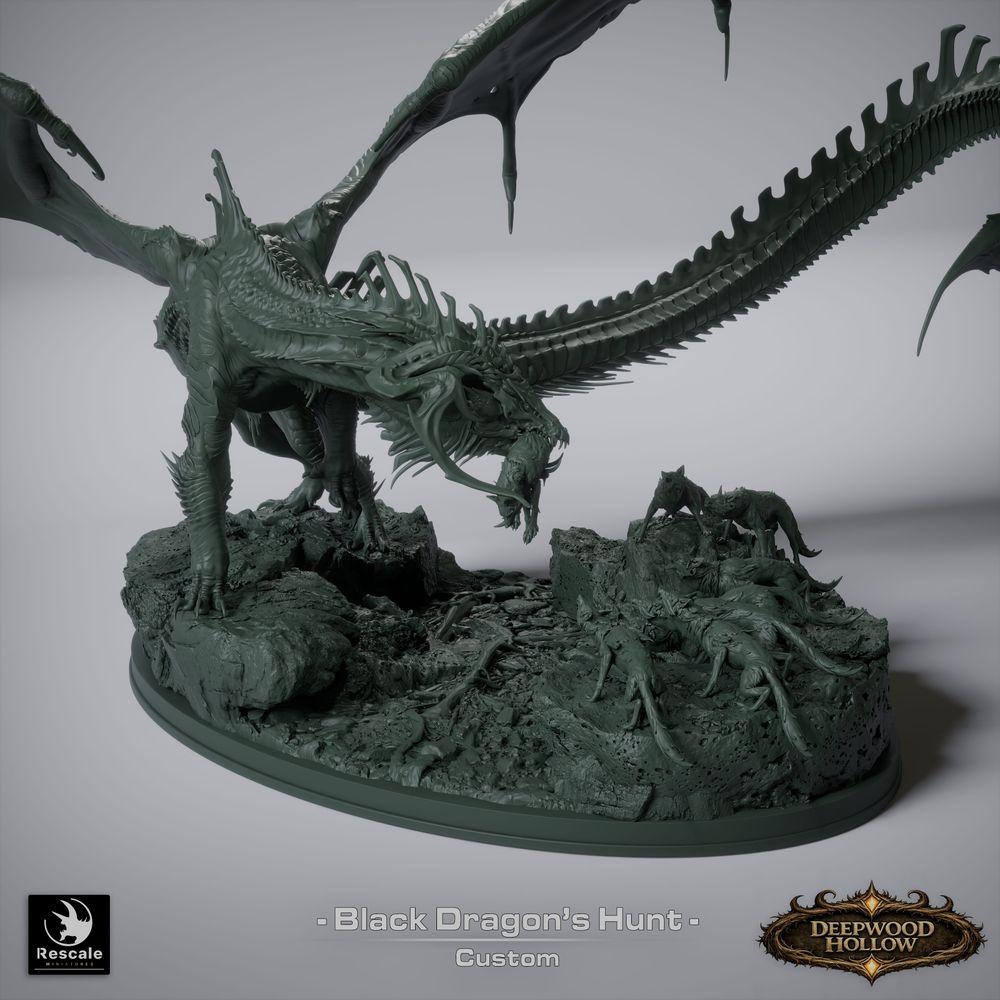 Product photo Tabletop 28mm Lord of the Print (LotP) 7: Tabletop Fantasy miniature set: Black Dragon Hunt - Black Dragon with Hunting Dogs on scenic rock base (26_03_A1)